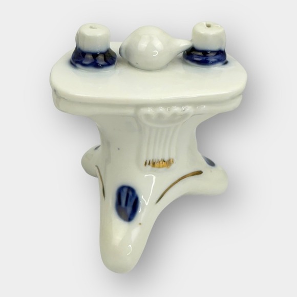 Vintage Porcelain Seated Couple Figurines with Table Blue White Gold Trim - Picture 4 of 16